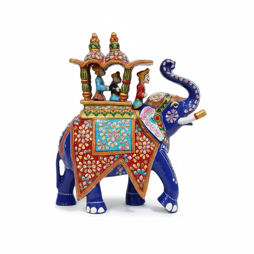1 Feet Big Amababari Elephant statue with King sitting in a pavilion and Mahavat riding. Intricate Meenakari painting on metal.