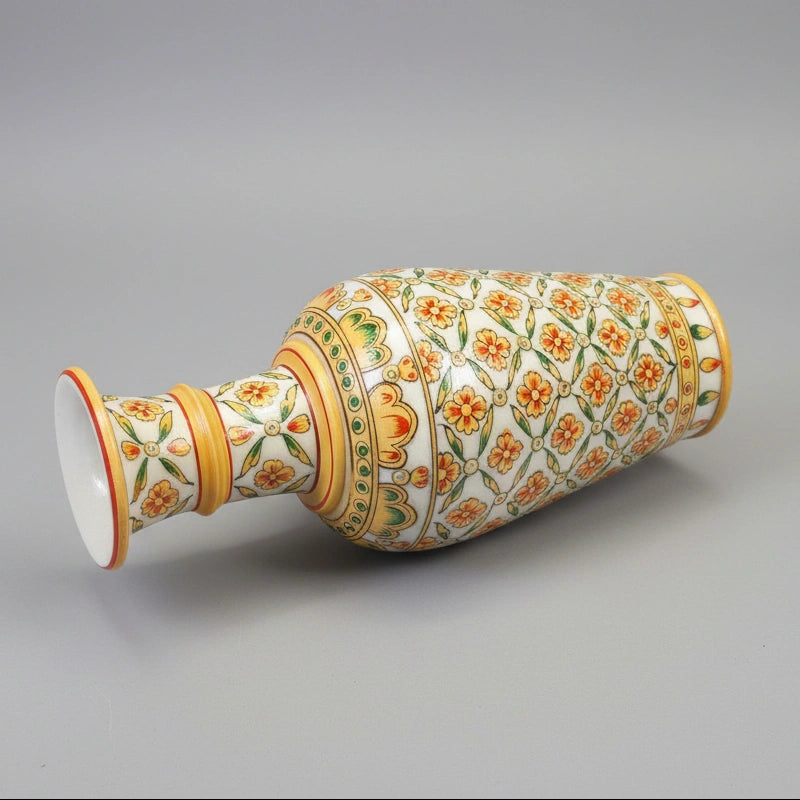 Luxury white marble pot with floral painting used as premium wedding and corporate gift, Indian traditional handicraft