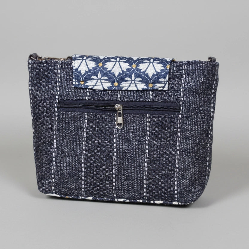 Side profile showing the 10 inch length and 8 inch height of the Jacquard bag