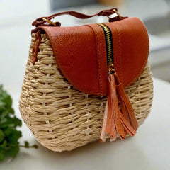 Jute and leather sling bag