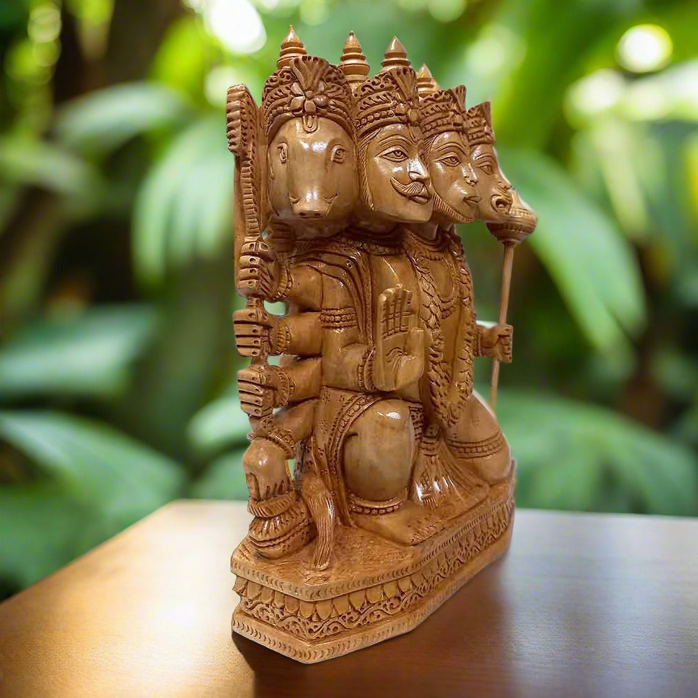 Unique wooden Hanuman idol with intricate carving, sacred Panchmukhi design
