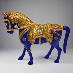 Artisan Crafted Metal Horse Statue with Meenakari Painting and Colorful Stones