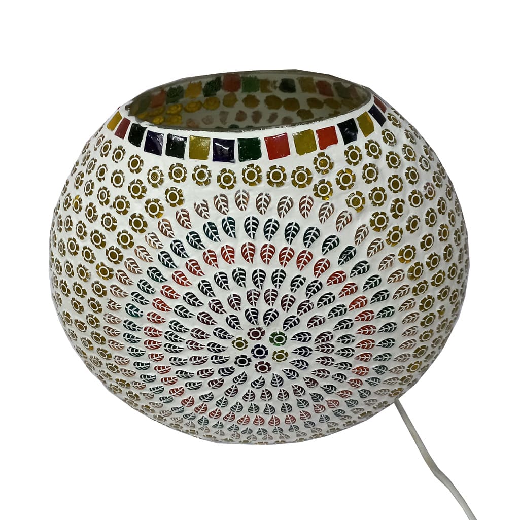A 22cm tall handmade glass table lamp featuring intricate mosaic art.