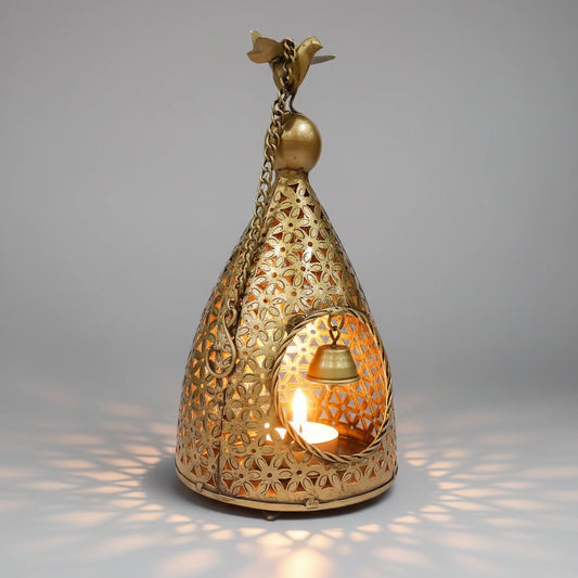 Tall 30cm metal bird nest candle holder with golden oxidized finish for living room decor.