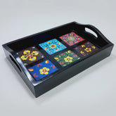 Top-down view of a 30cm rectangular wooden tray featuring colorful glazed ceramic tile inlays with geometric patterns.