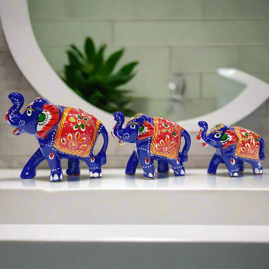 Set of 3 decorative meenakari elephants with traditional hand-painted artwork
