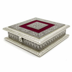 Side angle of elegant 8x8 golden oxidized wooden box with brass hinge and latch