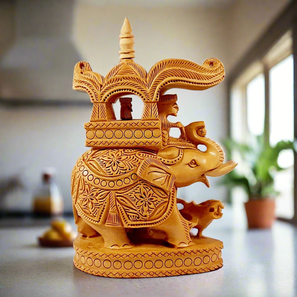 An Ambabadi elephant statue reflecting the grandeur and power of ancient royal warriors.