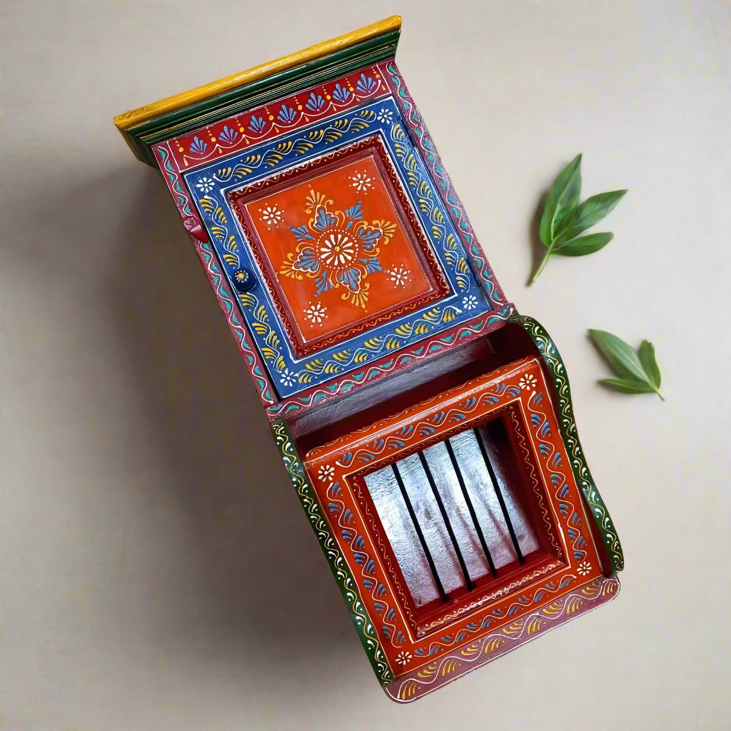 Multicolor hand-painted wooden wall-mounted organizer for keys and documents