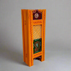 Foldable, lightweight wooden partition adorned with intricate hand-painted floral patterns on a rustic wood base.