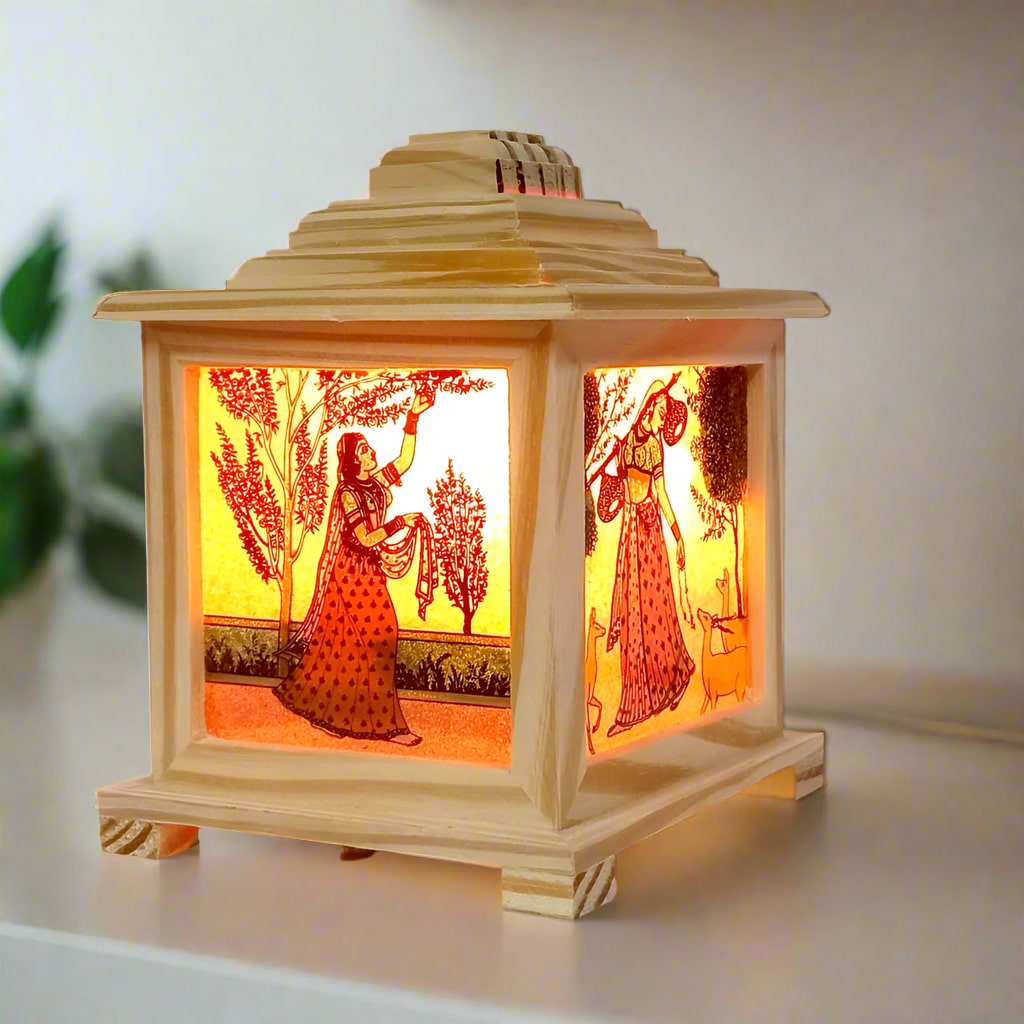 Decorative wooden table lamp with handmade gemstone artwork, blending natural texture and colorful illumination.