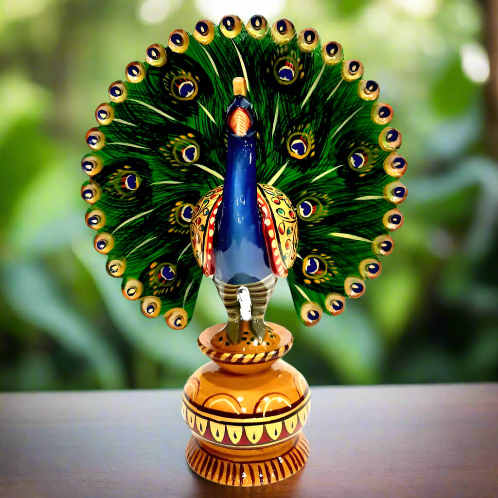 Handcrafted artistic wooden dancing peacock features dancing style with hand painted
