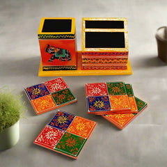 Stylish wooden desk organizer with assorted colors and artistic detailing