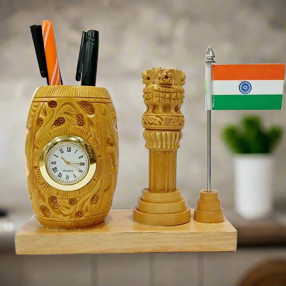 A patriotic pen holder featuring the Ashok Pillar, an Indian national flag, and a built-in clock.