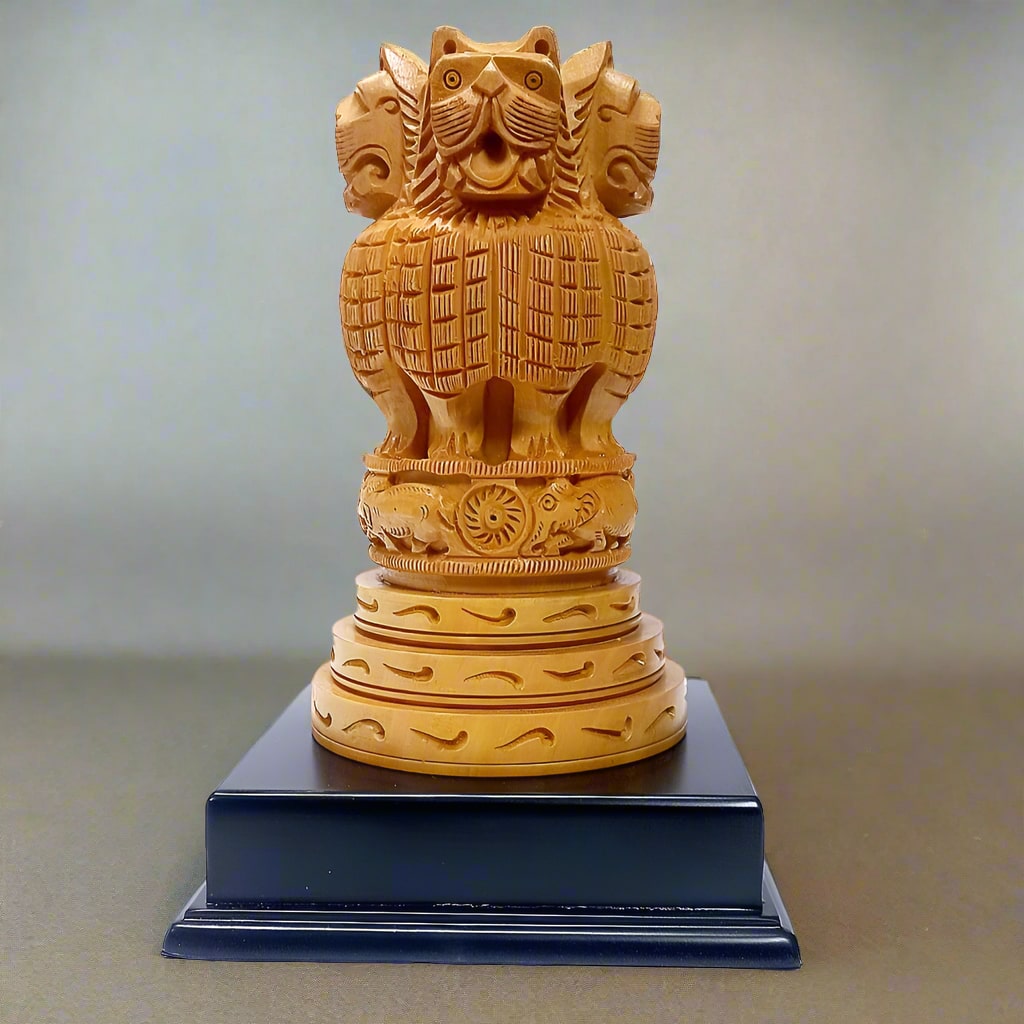 Handcrafted wooden Ashok Stambh memento with intricate carving