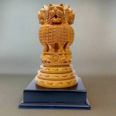 Handcrafted wooden Ashok Stambh memento with intricate carving