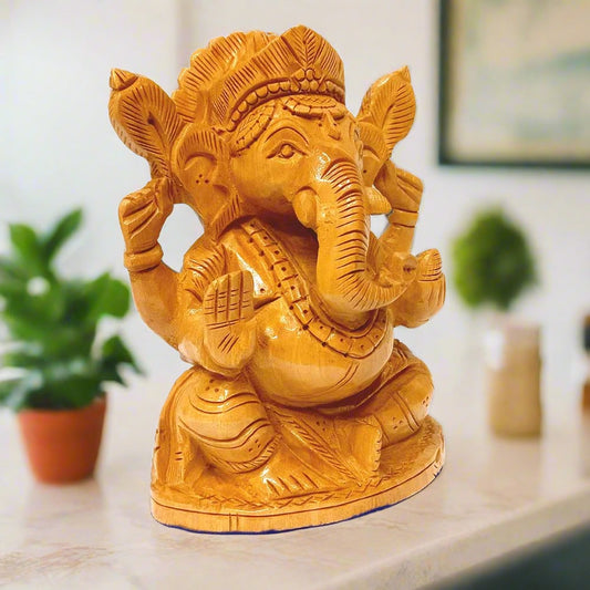 Auspicious wooden Ganeshji statue ideal for worship and home temple.