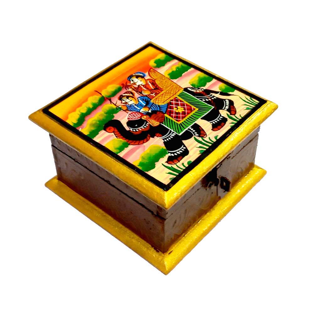 A very beautiful hand-painted wooden box with an elephant design, perfect for decor.