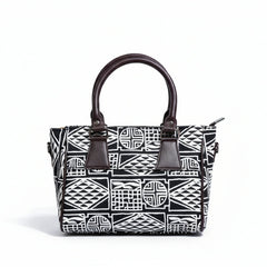 Front view of a black fabric sling bag featuring a PU leather top handle.