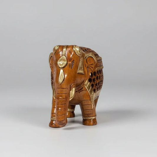 Handcrafted Kadam wood elephant statue with brown-gold oxidized hand painting