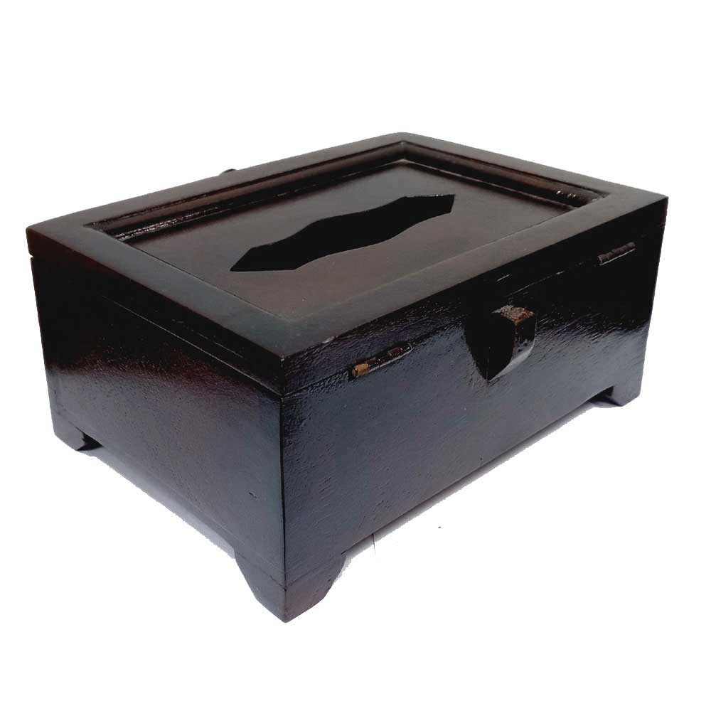 A brown wooden tissue holder decorated with a beautiful blue pottery pattern.