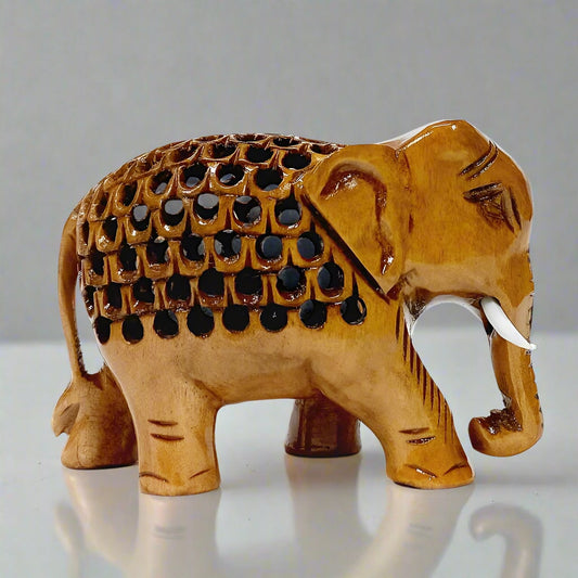 Intricately handcrafted brown wooden undercut elephant showpiece