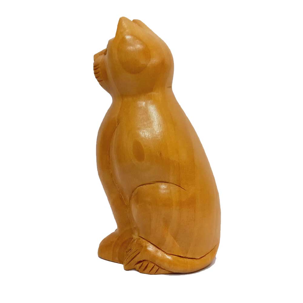 A carved cat statue, a decorative animal sculpture for your home.