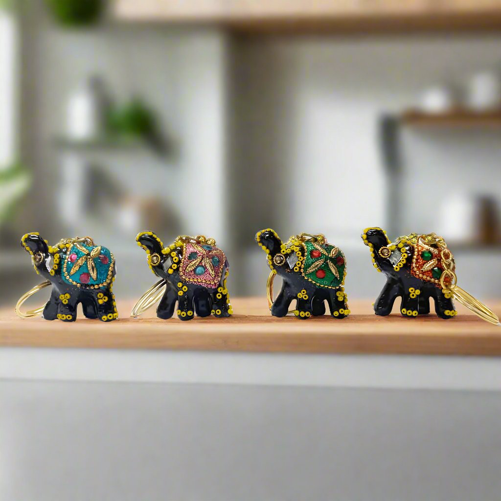 Miniature lacquer elephant keychains with intricate detailing, set of 4 accessories