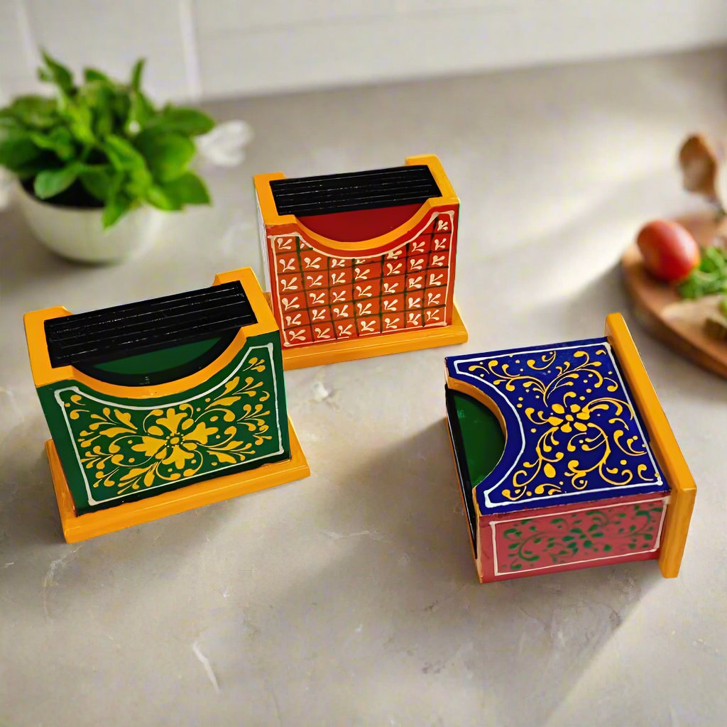Traditional hand-painted wooden coaster set for stylish table decor