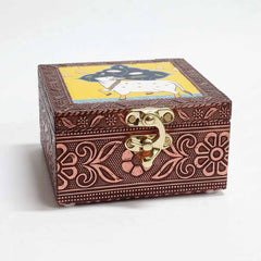 Side angle of 4x4 inch copper oxidized Pichwai design jewellery organizer