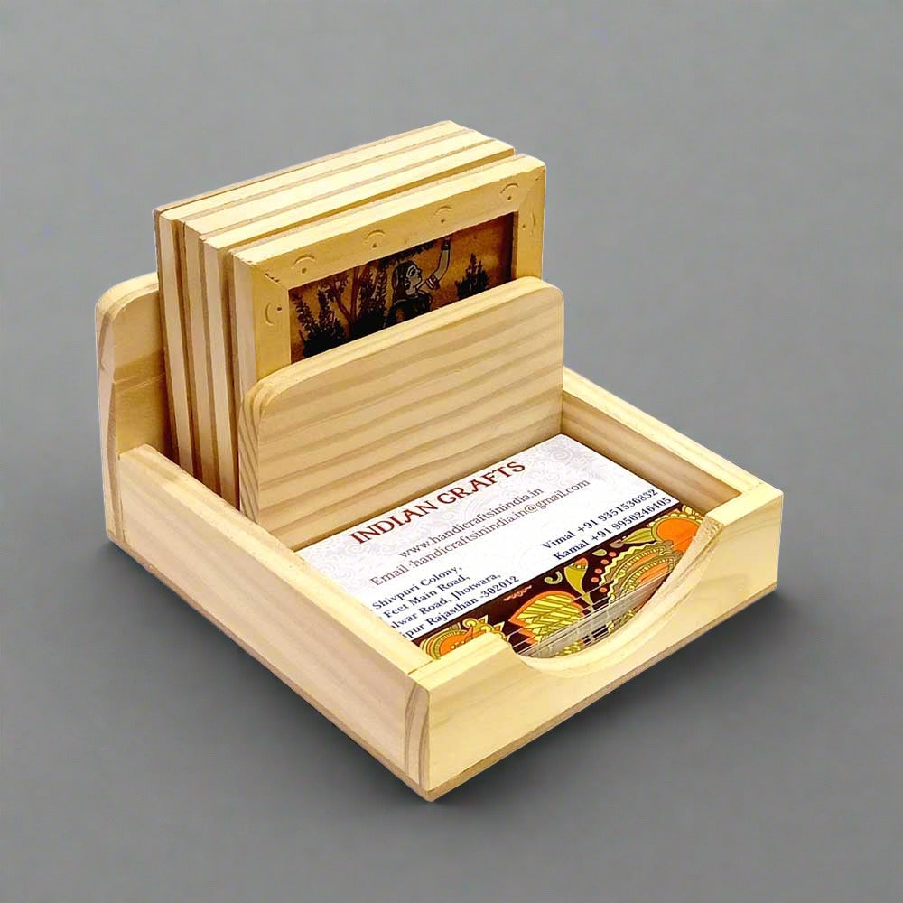 Corporate gift wooden coaster set with gemstone painting card holder