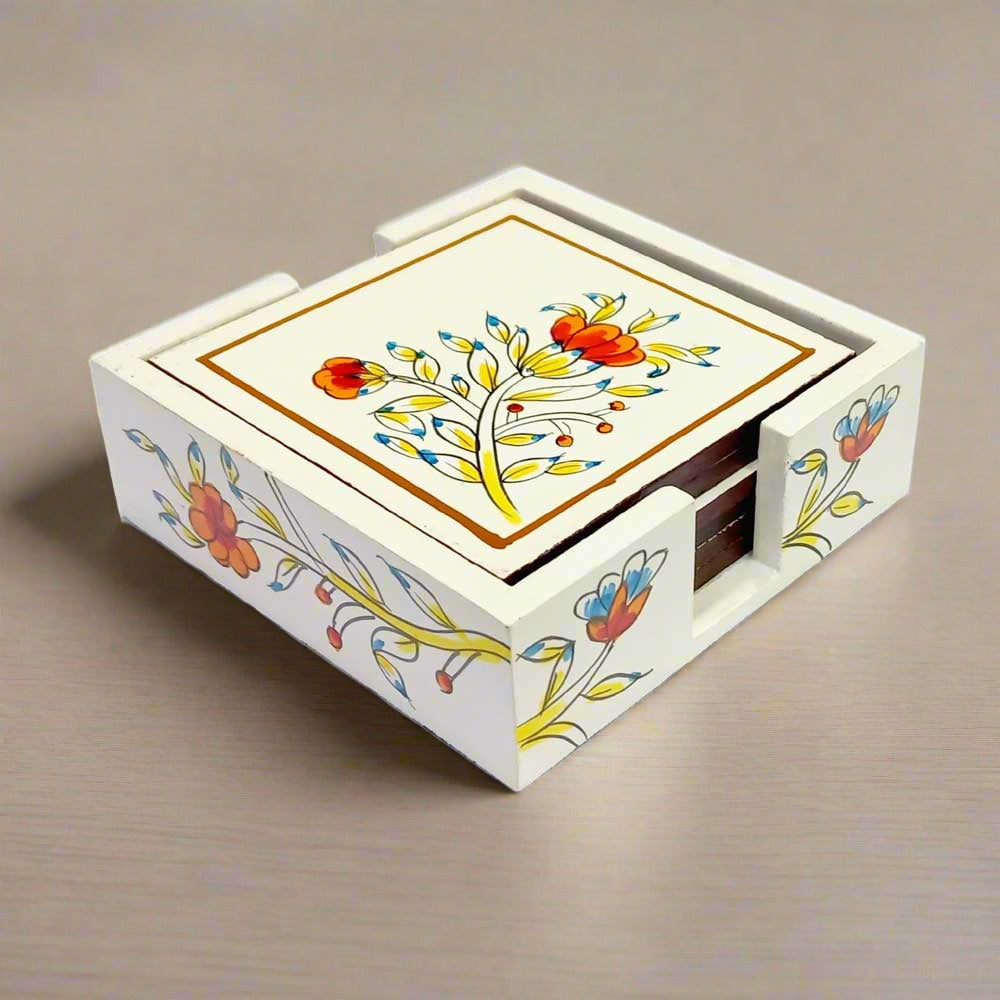 A cream white colored wooden coaster set, perfect for enhancing the look of your office desk.