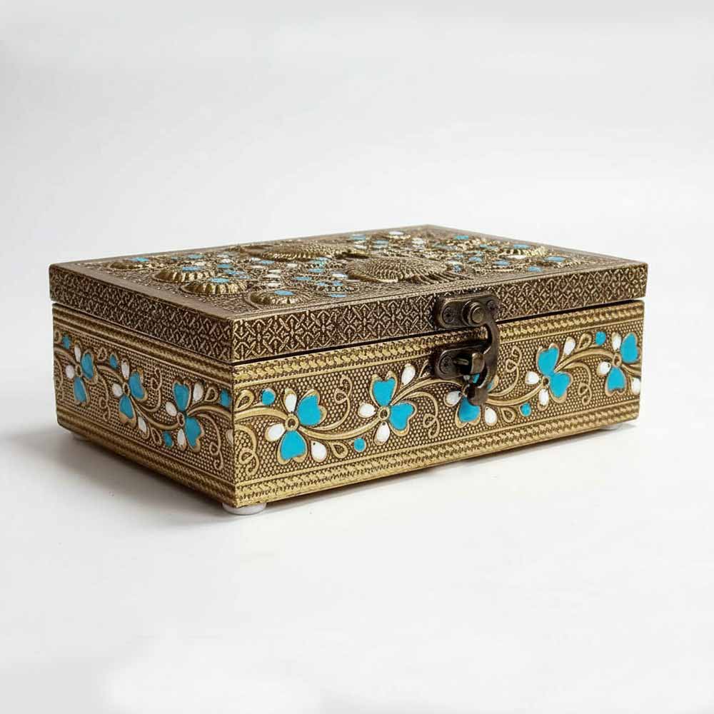 Side view of dancing peacock golden oxidized wooden jewellery box with intricate floral borders