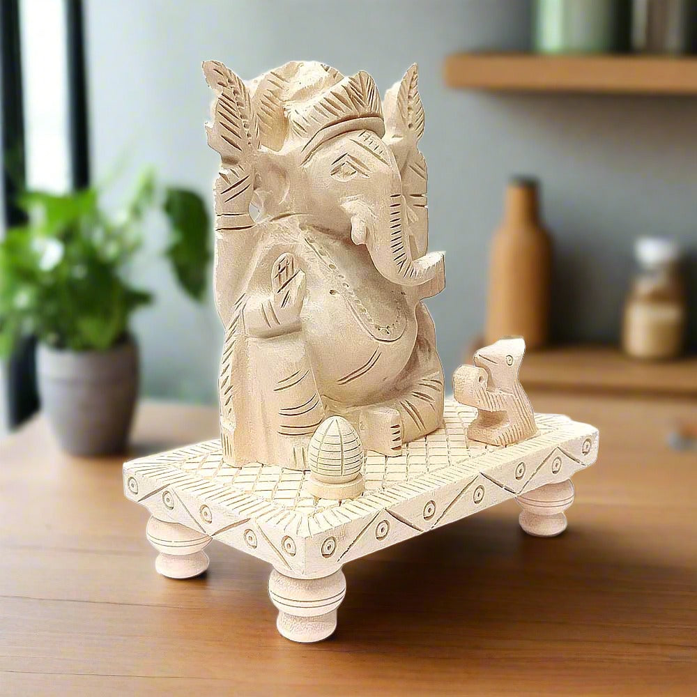 Decorative Chowki Ganesha idol made of Sawan wood with intricate handwork.