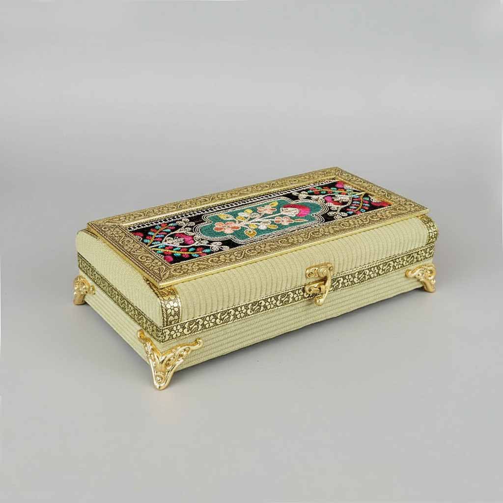 Decorative dry fruit box with pista color designer cloth and floral embroidery