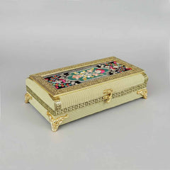 Decorative dry fruit box with pista color designer cloth and floral embroidery