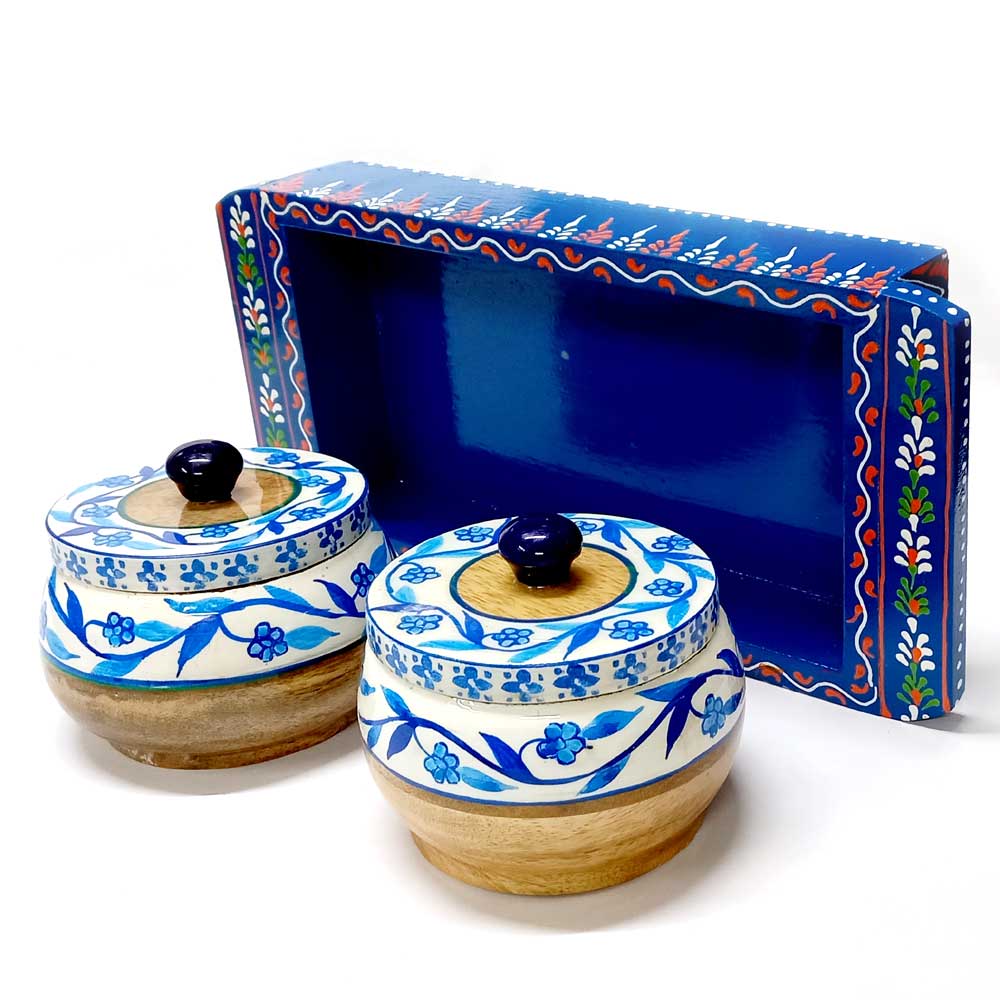 A decorative hand-painted wooden serving platter with two containers, ideal for home decor.