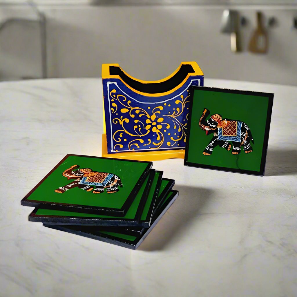 Colorful wooden tea coaster set with stand for serving and gifting