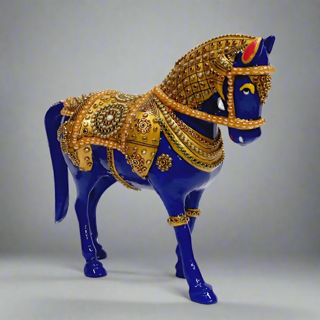 Decorative Large Metal Horse Sculpture with Vibrant Meenakari and Stone Detailing