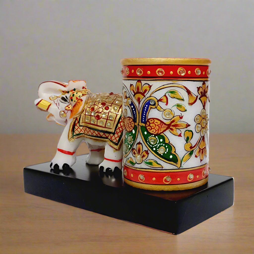 Marble Elephant Pen Holder – Artistic Hand-Painted Desk Accessory for Workspace