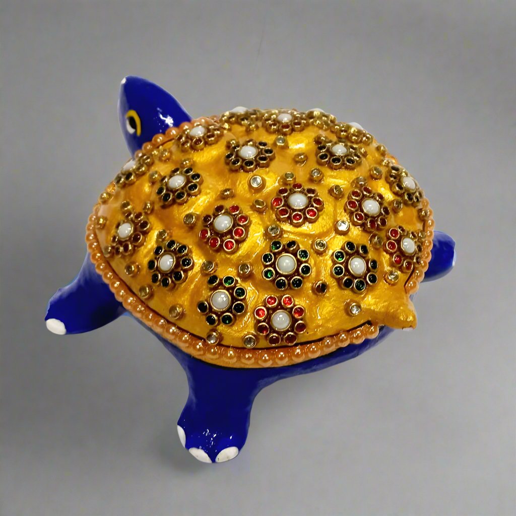 Golden Meenakari Tortoise Sculpture with Vibrant Stone Detailing – Feng Shui Good Luck Charm