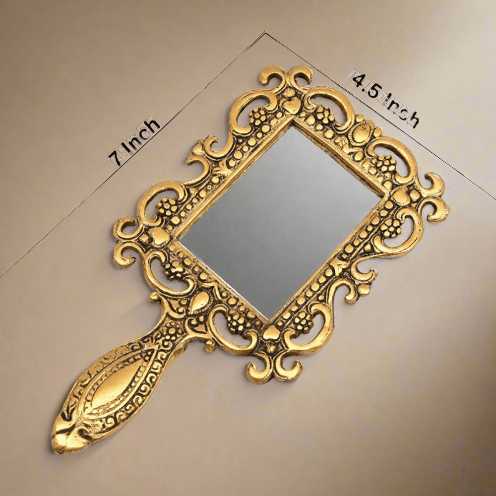 Handcrafted oxidized golden hand mirror, unique antique vanity décor piece