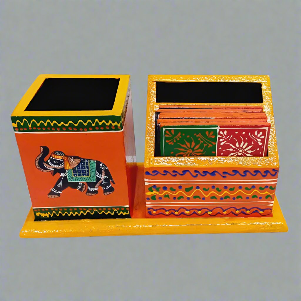 Multi-purpose wooden desk organizer with traditional hand-painted design