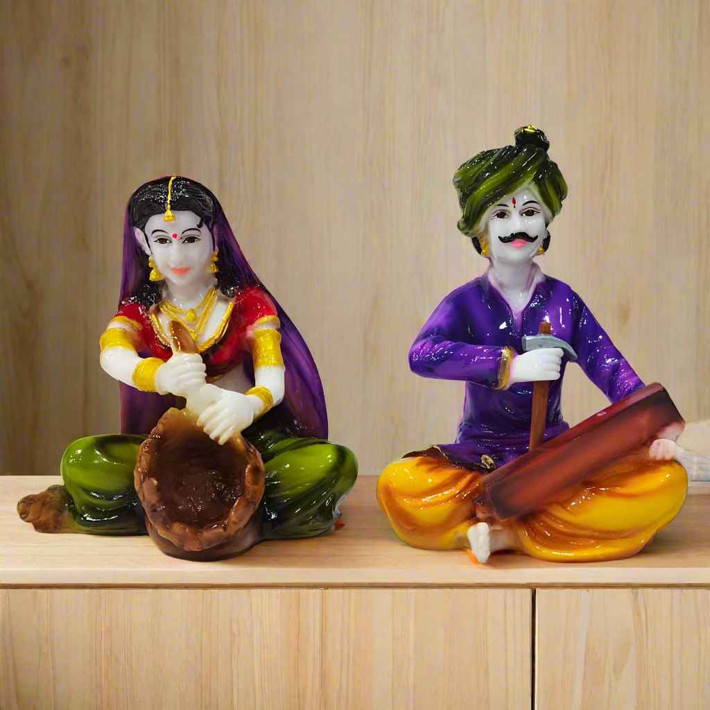 Decorative Rajasthani figurines showcasing folk art and rich detailing, ideal for shelves, mantels, or side tables.