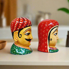 Decorative wooden Rajasthani couple idols, ethnic Indian handicraft set