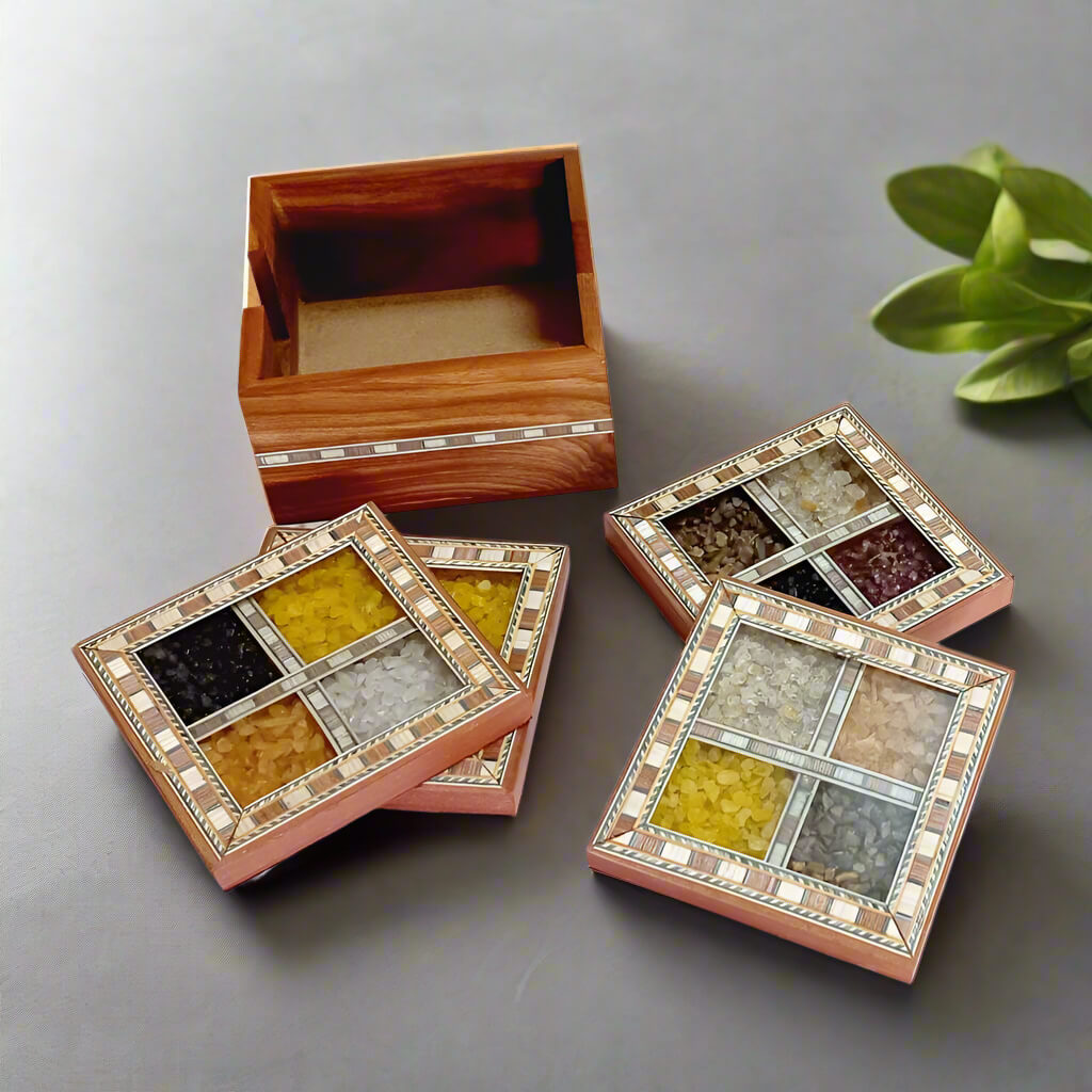 Decorative wooden tea coasters with inlaid gemstone work