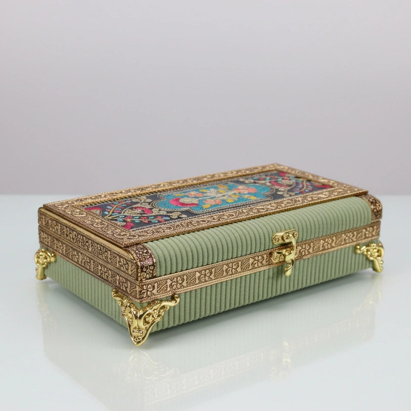 Decorative 4-partition gift box in pista green with elegant embroidery, ideal for wedding return gifts, Diwali, and festive hampers.