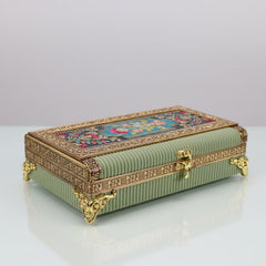 Decorative 4-partition gift box in pista green with elegant embroidery, ideal for wedding return gifts, Diwali, and festive hampers.
