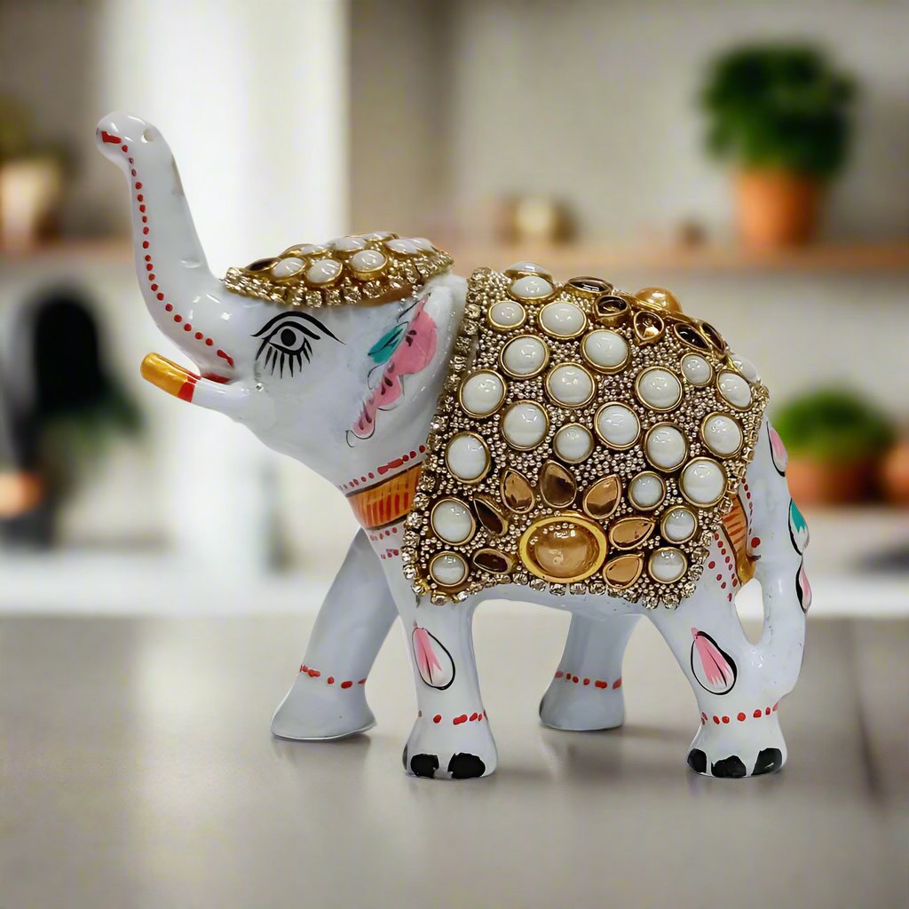 White Metal Elephant Statue with Enamel Painting – 10cm Decorative Good Luck Gift