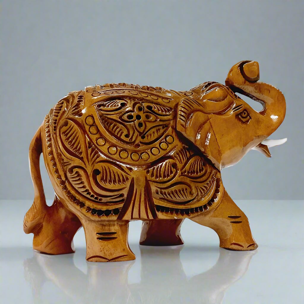 Decorative salute elephant made of carved wood – cultural home decor